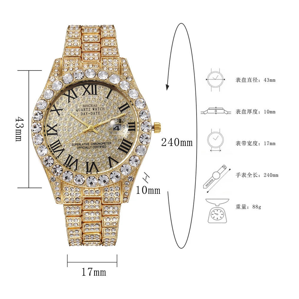 HHIOK Custom Diamond Wristwatch for Men, RGB Roman Dial Fully Iced-Out Quartz Watch, 18K Gold Plated Shockproof