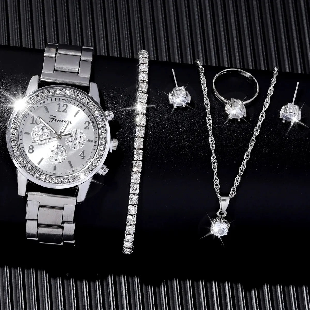 6 Pieces of Fashionable and Versatile Diamond Inlaid Rhinestone WOMEN'S Quartz Steel Band Watch+necklace+earrings+ring+bracelet