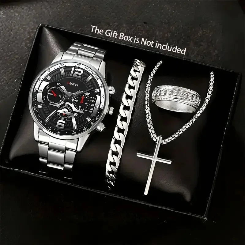 4Pcs/set Luxury Men Business Quartz Watch stainless steel Roman Calendar Wrist Watch Cross Necklace Bracelet Ring Set Men's Gift