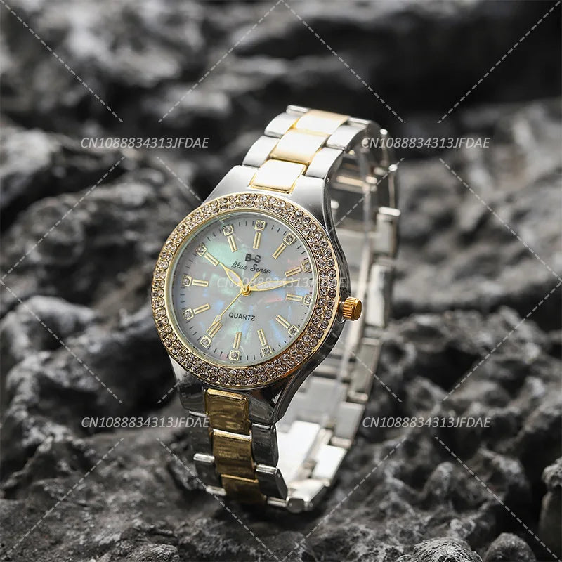 Women's Elegant Casual Goldn Watch Crystal Diamond Inlaid Watch Stainless Steel Silver Quartz Watch