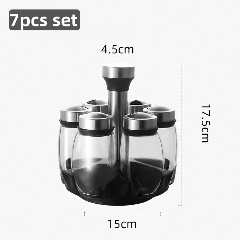 7pcs Spice Jar Set Rack Glass Organizer Rotating Glass Seasoning Sugar Pepper Bottles Salt Shakers Holder Kitchen Storage Rack