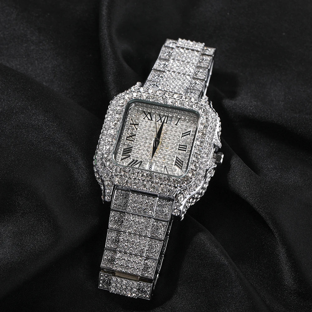THE BLING KING Iced Out Men's Square Watches Full Micro Paved Round Cut Rhinestone Big Quartz Watches For Women Luxury Jewelry