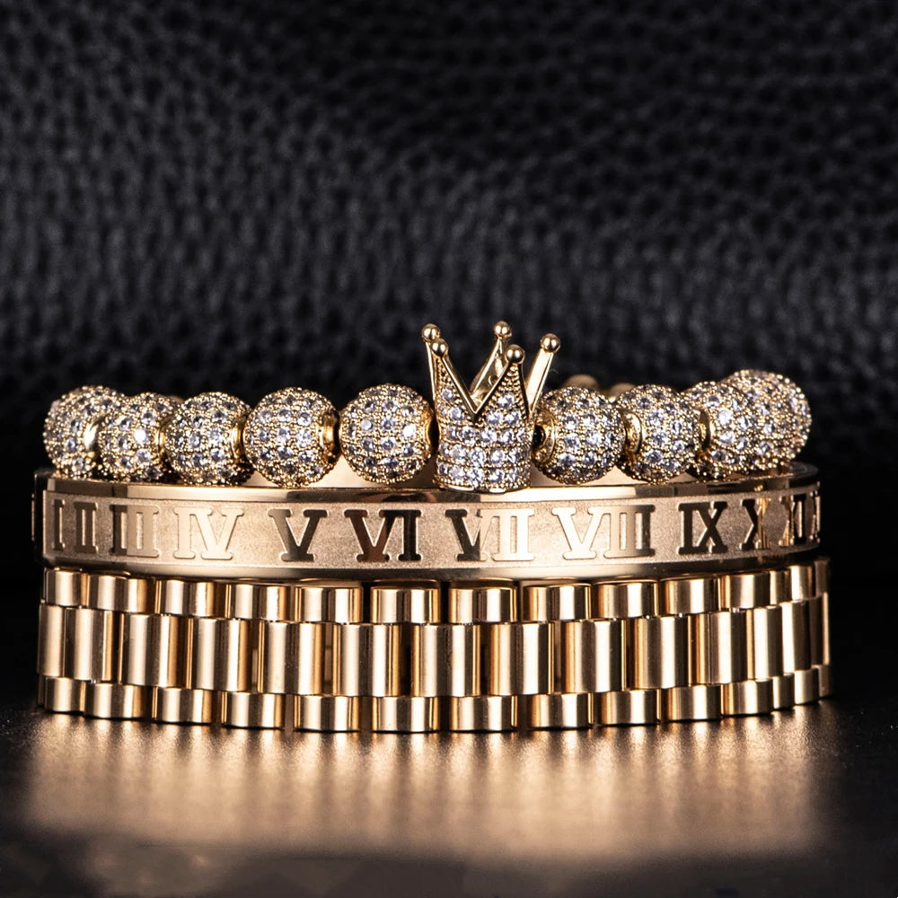 3pcs Luxury Micro Pave CZ Crown Roman Numeral Bracelet  Watch Band Stainless Steel Dudes Rollie Macrame Wristbands Men Jewelry