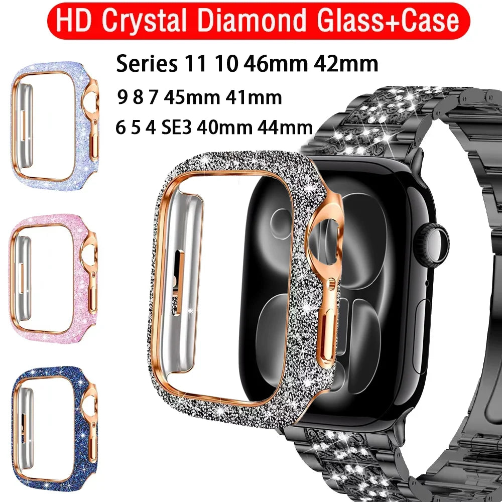 HD Crystal Diamond Glass Case For Apple Watch 11 10 46mm 42mm Screen Protective Shell iWatch 9 8 7 6 5 SE 45/41mm 44/40mm Cover