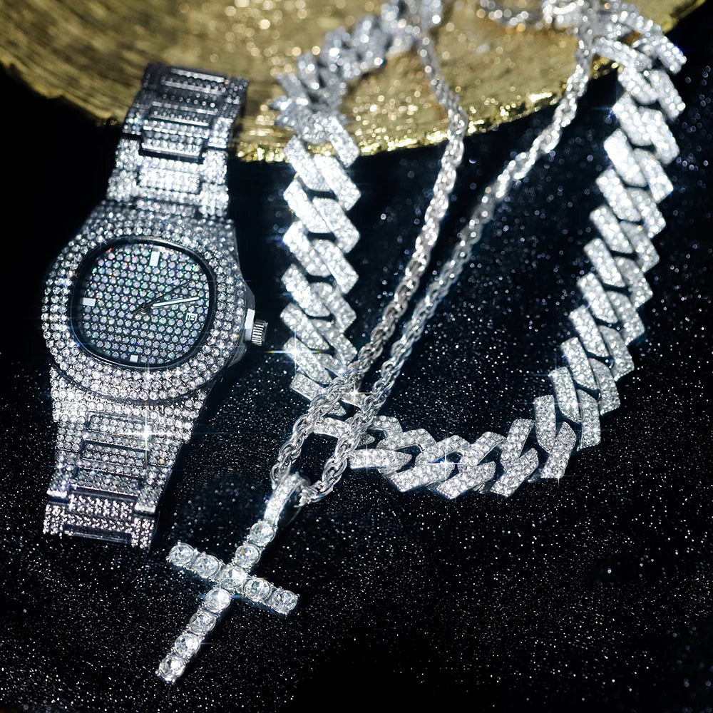 4pcs Hip-hop Jewelry Set Stylish Ice Out Inlay Diamonds Watch Punk Trend Cuban Chain Cross Necklace For Men Women Luxury Gift