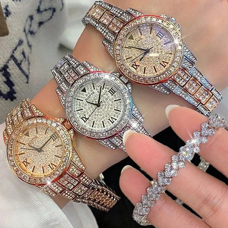 Shiny Diamond Watch Bracelets Set Women Fashion Rose Gold Quartz Watch Girls Luxury Brand Rhinestone Casual Clock Jewelry Gifts
