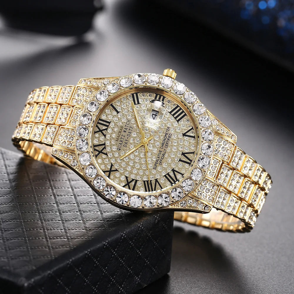 HHIOK Custom Diamond Wristwatch for Men, RGB Roman Dial Fully Iced-Out Quartz Watch, 18K Gold Plated Shockproof