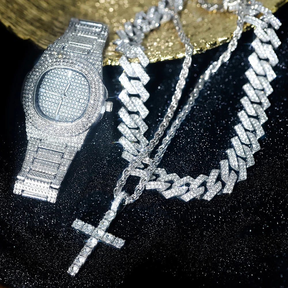 4pcs Hip-hop Jewelry Set Stylish Ice Out Inlay Diamonds Watch Punk Trend Cuban Chain Cross Necklace For Men Women Luxury Gift