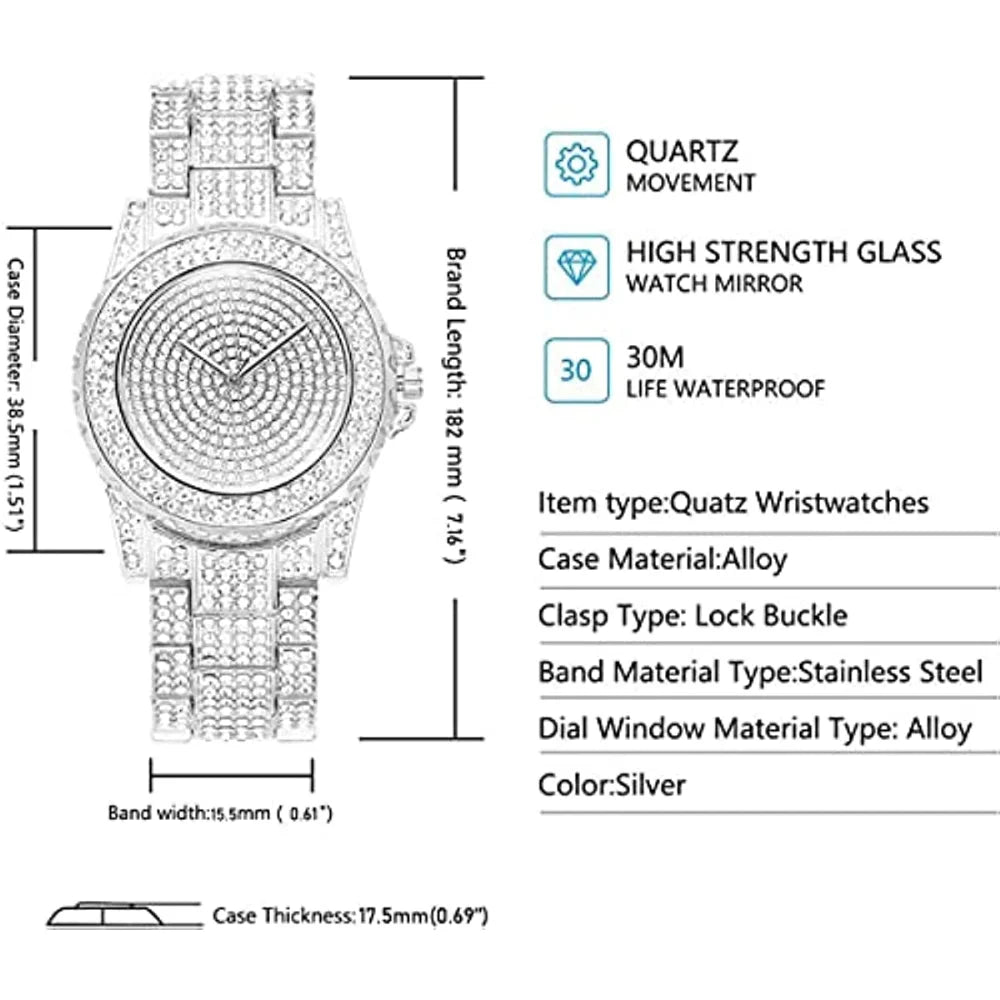Luxury Ladies Watch Iced Out Watch with Quartz Crystal Rhinestone Diamond Watches Women Stainless Steel Wristwatch Full Diamonds
