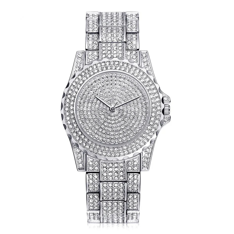 Luxury Ladies Watch Iced Out Watch with Quartz Crystal Rhinestone Diamond Watches Women Stainless Steel Wristwatch Full Diamonds
