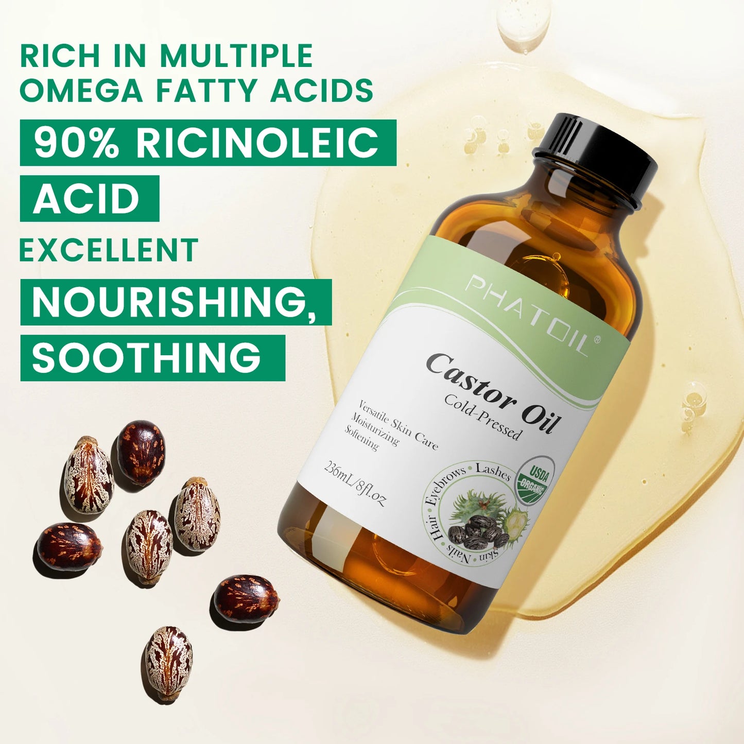 PHATOIL 236ml/118ml Organic Castor Oil,Cold Pressed Unrefined Essential Oil For Hair Care Eyelash & Nail Growth Moisturizes Skin