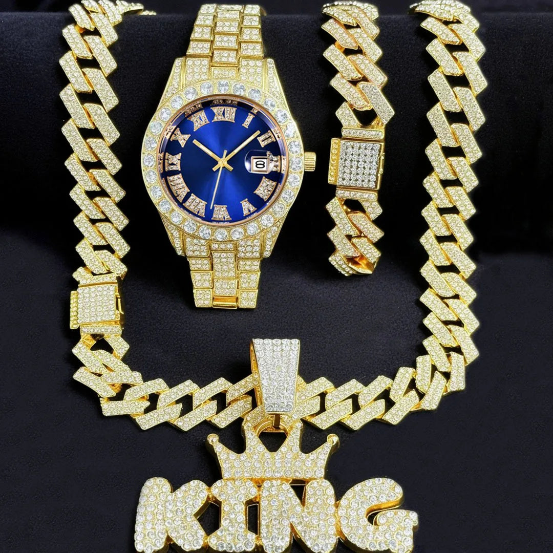 3PC Mens Iced Out Watch with Diamond Dial and Matching Iced Out Nugget Bracelet Necklace -14k Gold Tone Silver Gold Jewelry Sets