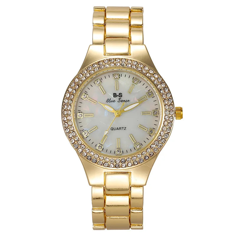 Women's Elegant Casual Goldn Watch Crystal Diamond Inlaid Watch Stainless Steel Silver Quartz Watch