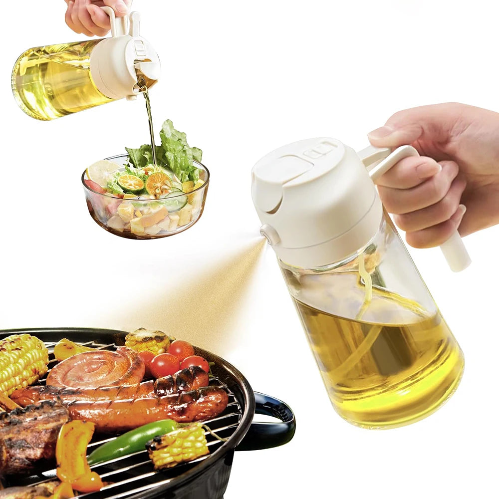 2 in 1 Olive Oil Dispenser Sprayer Glass Bottle - Food Grade Kitchen Tool for Cooking Salad BBQ Air Fryer Baking Frying Picnic