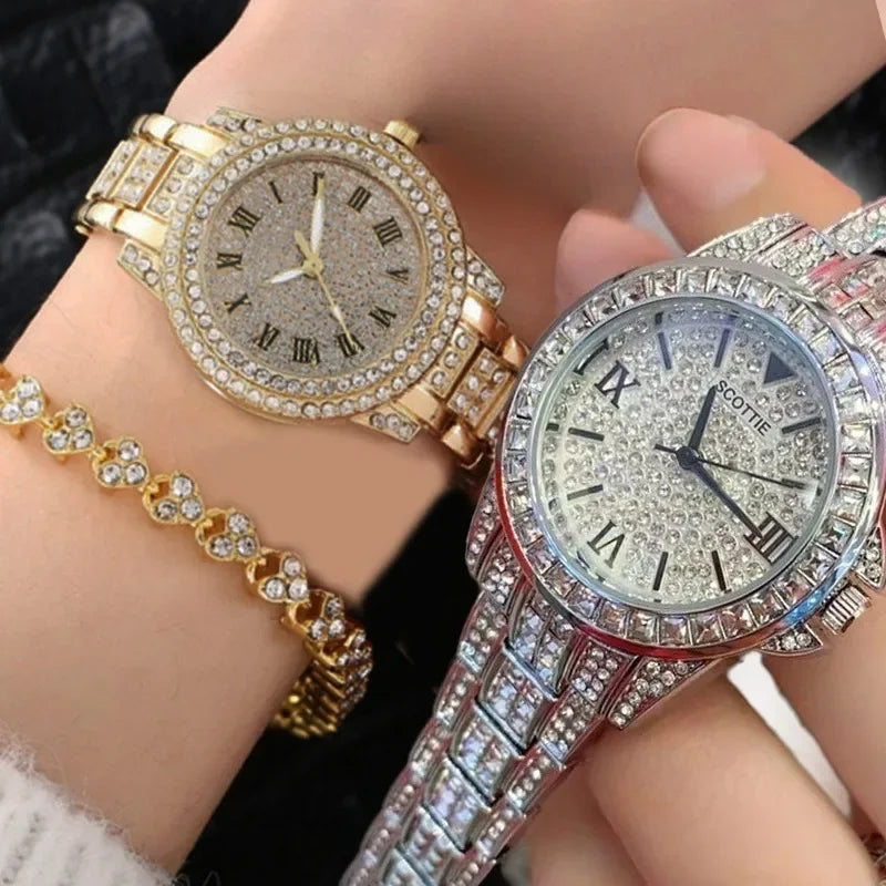 Shiny Diamond Watch Bracelets Set Women Fashion Rose Gold Quartz Watch Girls Luxury Brand Rhinestone Casual Clock Jewelry Gifts