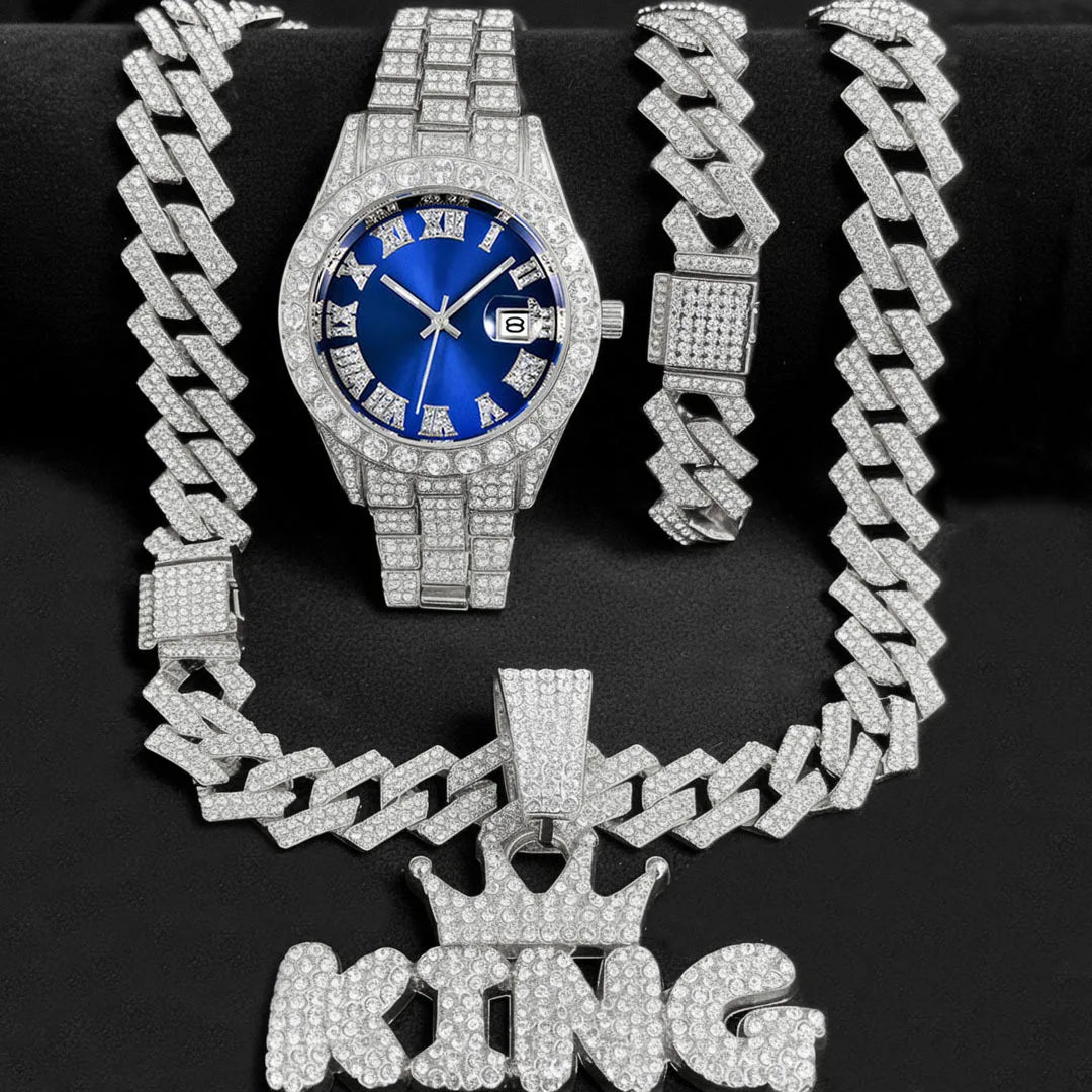 3PC Mens Iced Out Watch with Diamond Dial and Matching Iced Out Nugget Bracelet Necklace -14k Gold Tone Silver Gold Jewelry Sets