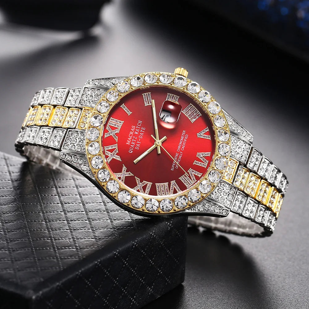 HHIOK Custom Diamond Wristwatch for Men, RGB Roman Dial Fully Iced-Out Quartz Watch, 18K Gold Plated Shockproof