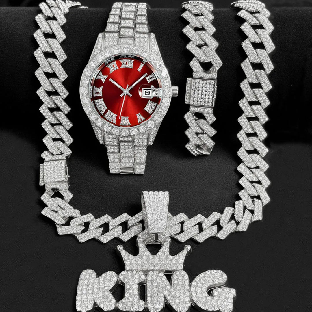 3PC Mens Iced Out Watch with Diamond Dial and Matching Iced Out Nugget Bracelet Necklace -14k Gold Tone Silver Gold Jewelry Sets