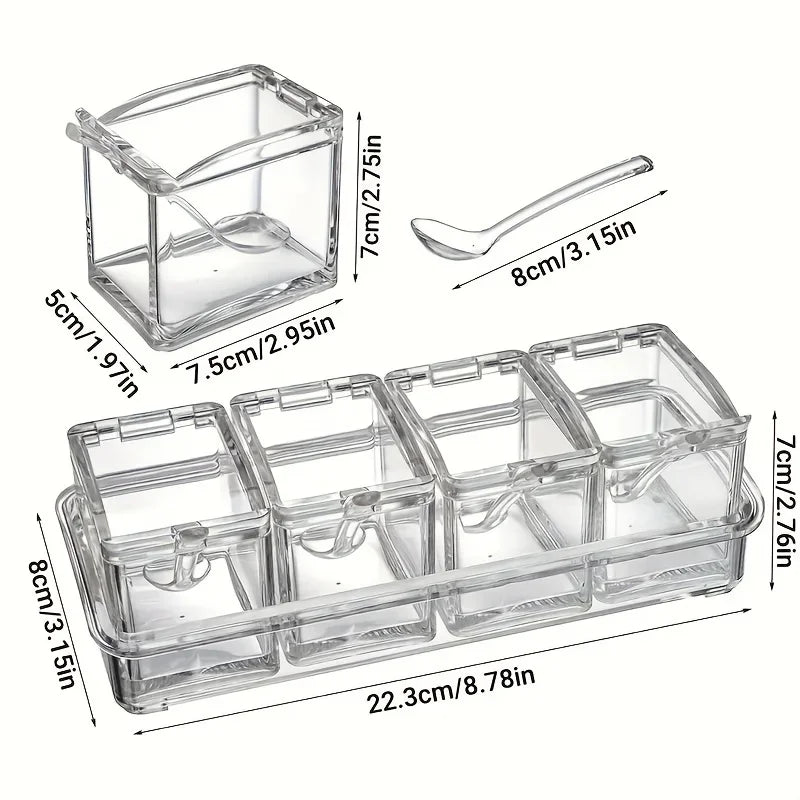 Four Compartment Transparent Seasoning Box with Spoon Lid and Storage Base, Salt, Sugar, MSG Four in One Storage Container