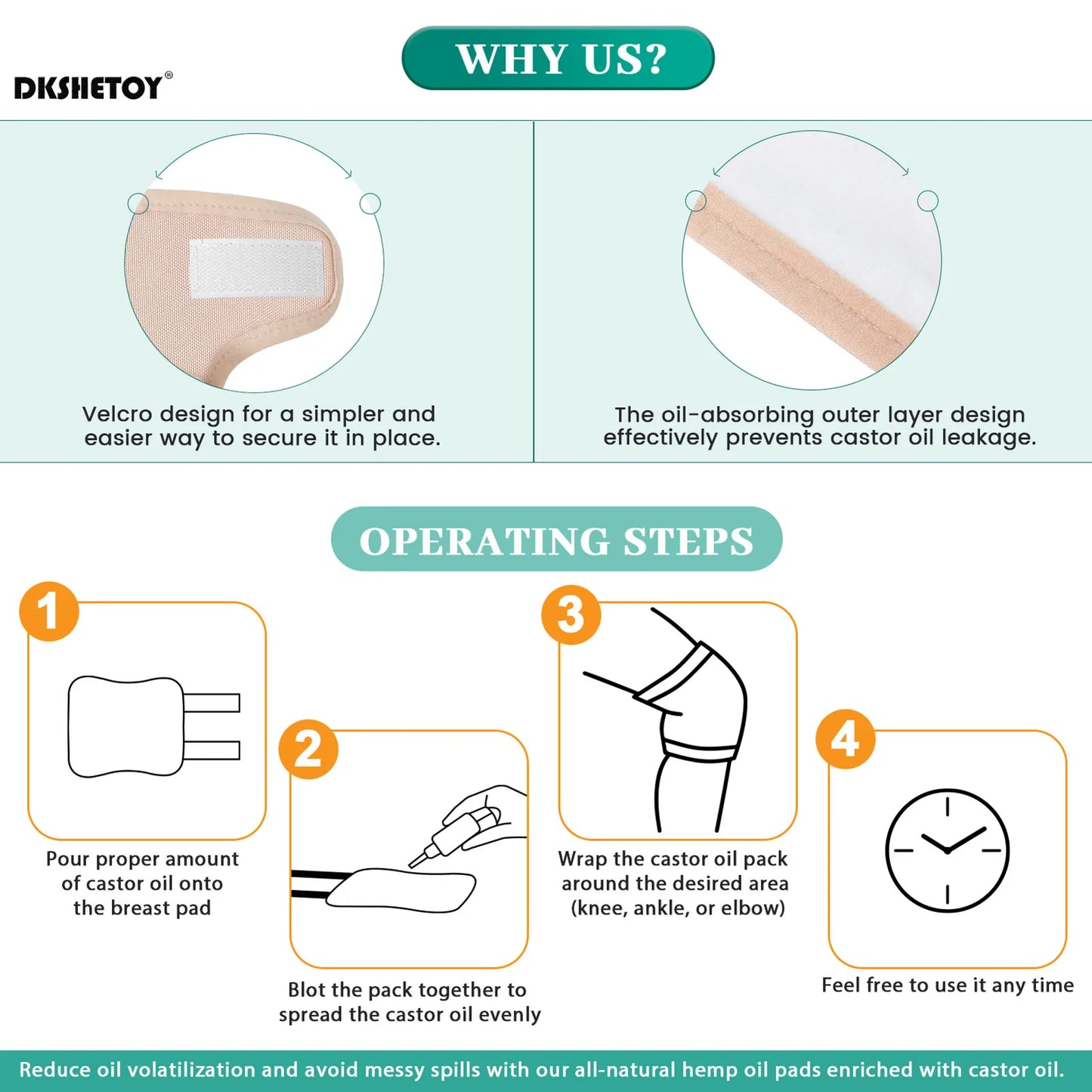 Reusable Castor Oil Pack Organic Knee Pain Compress Wrap Adjustable Pad Self Conditioning Aid Liver Abdomen Muscles Kidneys