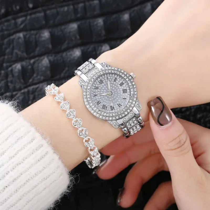 Shiny Diamond Watch Bracelets Set Women Fashion Rose Gold Quartz Watch Girls Luxury Brand Rhinestone Casual Clock Jewelry Gifts