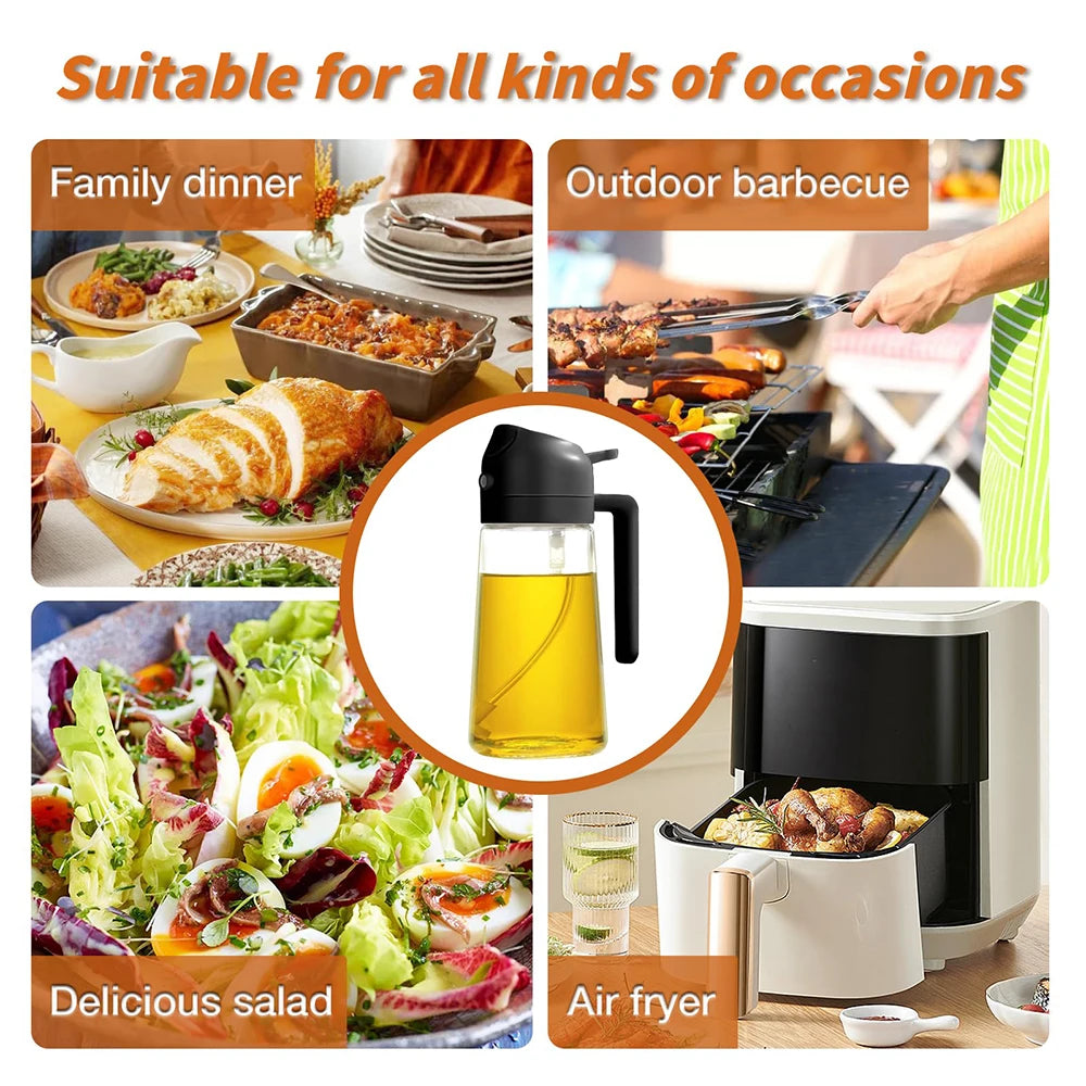 2 in 1 Olive Oil Dispenser Sprayer Glass Bottle - Food Grade Kitchen Tool for Cooking Salad BBQ Air Fryer Baking Frying Picnic
