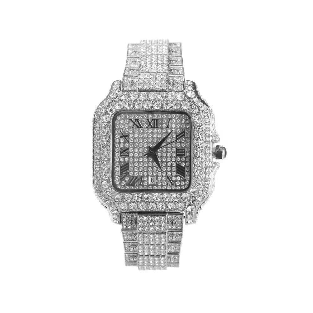 THE BLING KING Iced Out Men's Square Watches Full Micro Paved Round Cut Rhinestone Big Quartz Watches For Women Luxury Jewelry