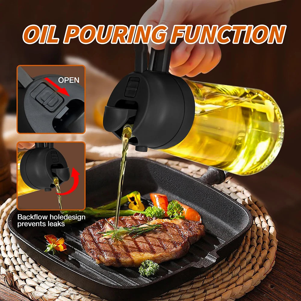 2 in 1 Olive Oil Dispenser Sprayer Glass Bottle - Food Grade Kitchen Tool for Cooking Salad BBQ Air Fryer Baking Frying Picnic