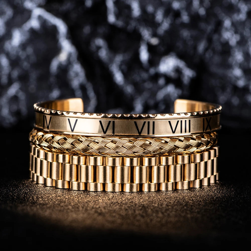 Luxury Roman Number Charm Cuff Bracelet Gold Color Chain Bracelet Stainless Steel Watch Hip Hop Men Royal Jewelry