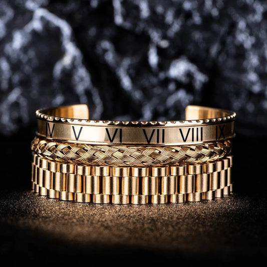 Luxury Roman Number Charm Cuff Bracelet Gold Color Chain Bracelet Stainless Steel Watch Hip Hop Men Royal Jewelry