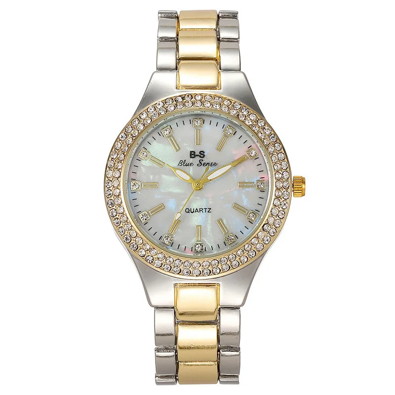 Women's Elegant Casual Goldn Watch Crystal Diamond Inlaid Watch Stainless Steel Silver Quartz Watch