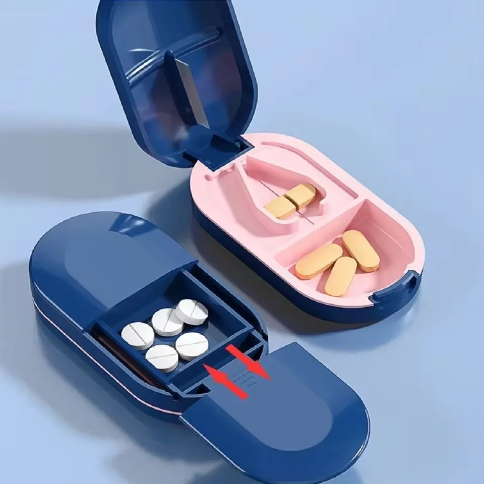 Portable Pill Splitter -2-in-1 Pill Box with Stainless Steel Blade - Suitable for Vitamin Tablets - Cutting Pills 1/2, 1/4 with