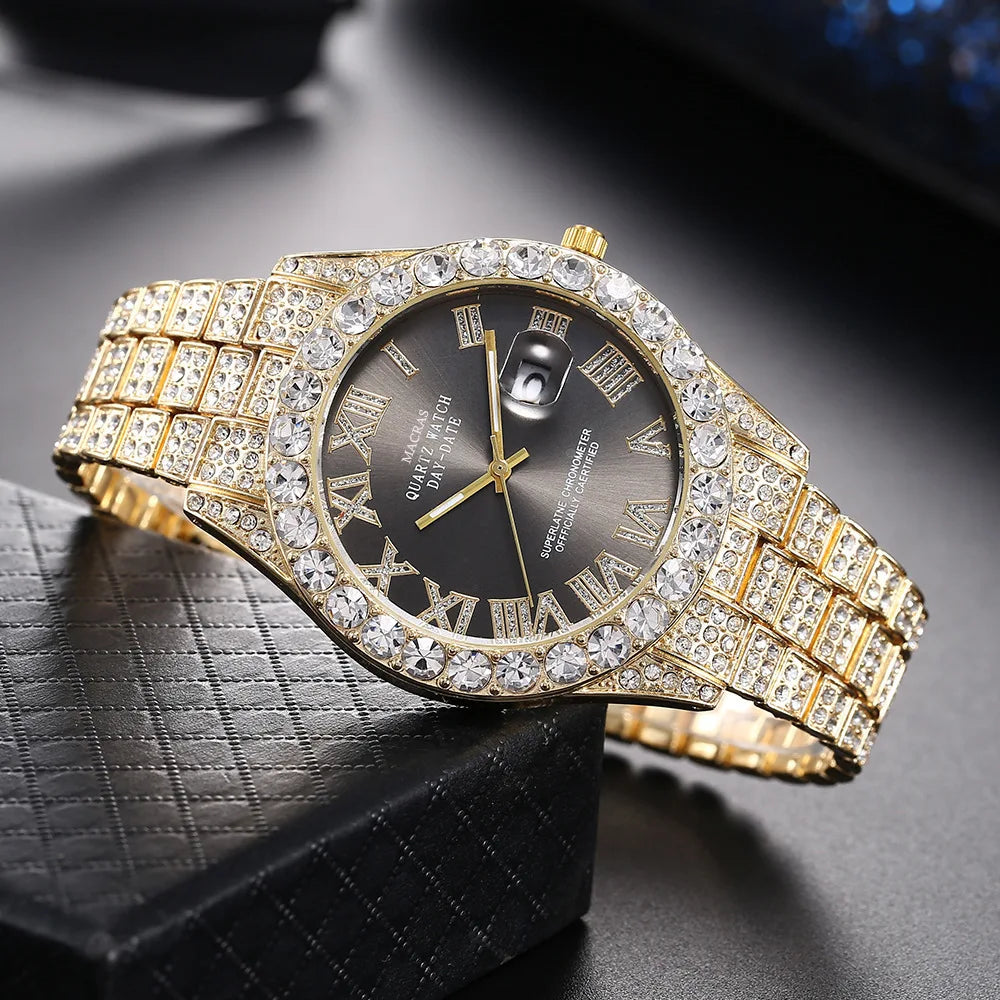 HHIOK Custom Diamond Wristwatch for Men, RGB Roman Dial Fully Iced-Out Quartz Watch, 18K Gold Plated Shockproof