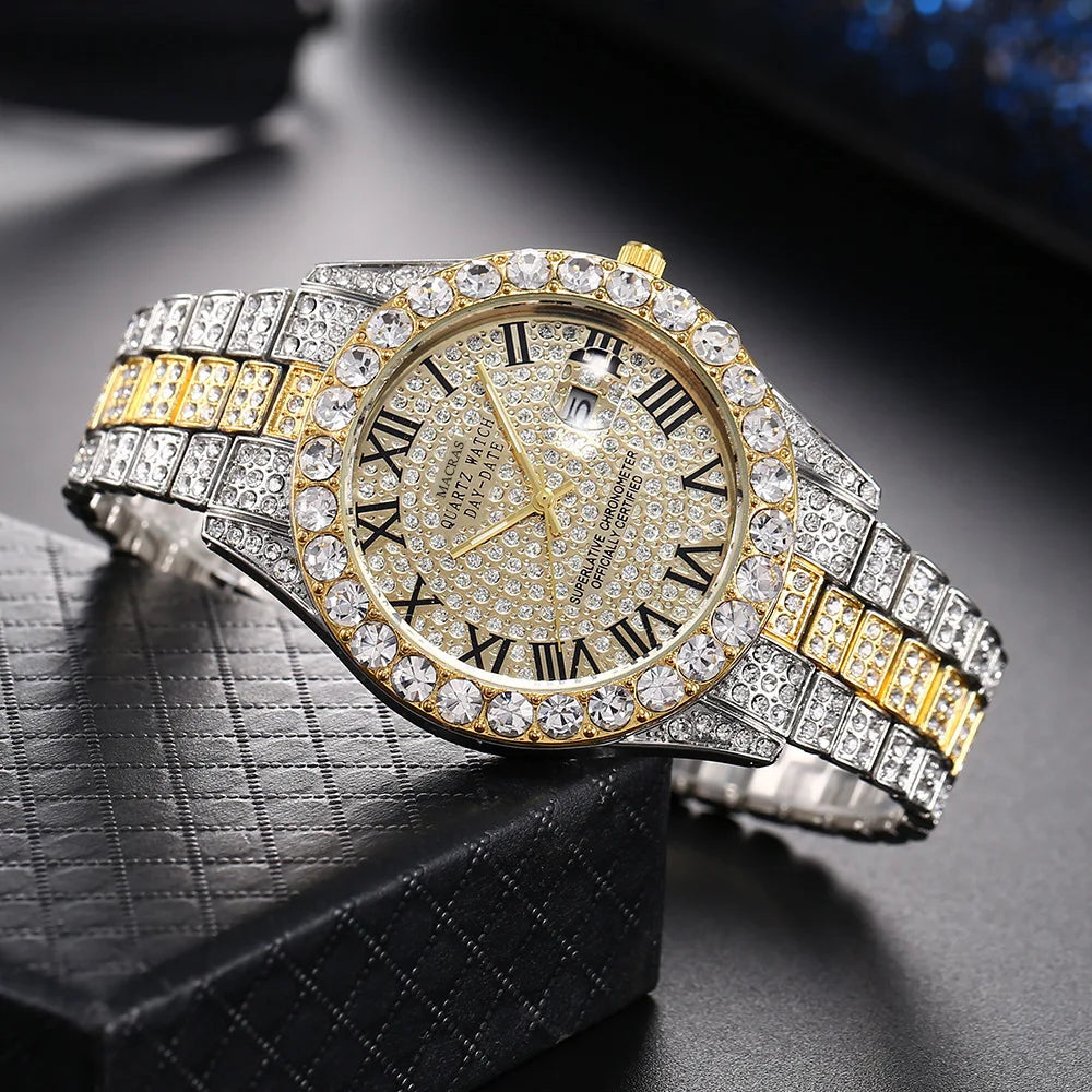 HHIOK Custom Diamond Wristwatch for Men, RGB Roman Dial Fully Iced-Out Quartz Watch, 18K Gold Plated Shockproof
