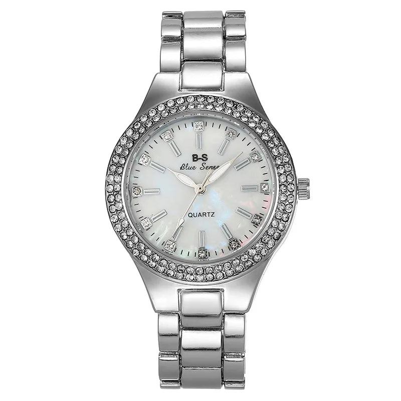Women's Elegant Casual Goldn Watch Crystal Diamond Inlaid Watch Stainless Steel Silver Quartz Watch