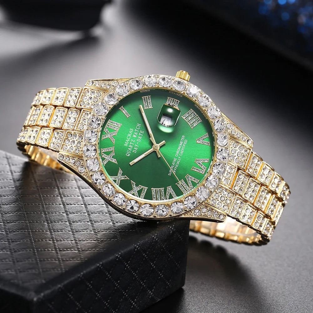 HHIOK Custom Diamond Wristwatch for Men, RGB Roman Dial Fully Iced-Out Quartz Watch, 18K Gold Plated Shockproof