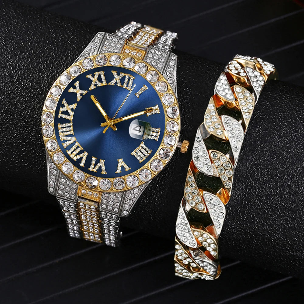 HHIOK Custom Diamond Wristwatch for Men, RGB Roman Dial Fully Iced-Out Quartz Watch, 18K Gold Plated Shockproof